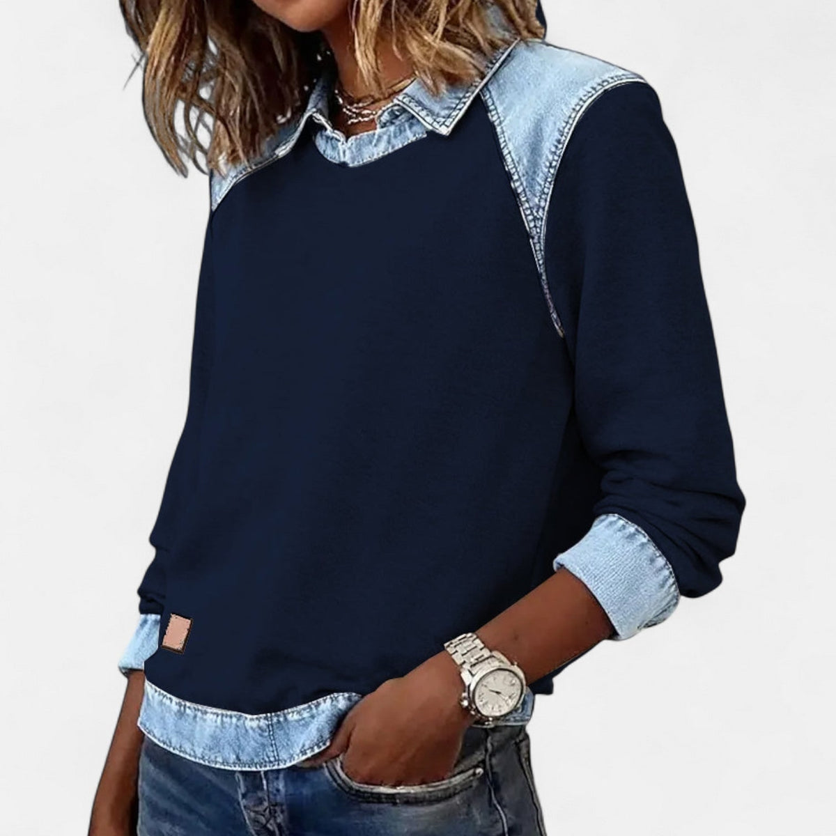 Fleece Sweatshirt with Denim Collar, Layered Look Jumper 10