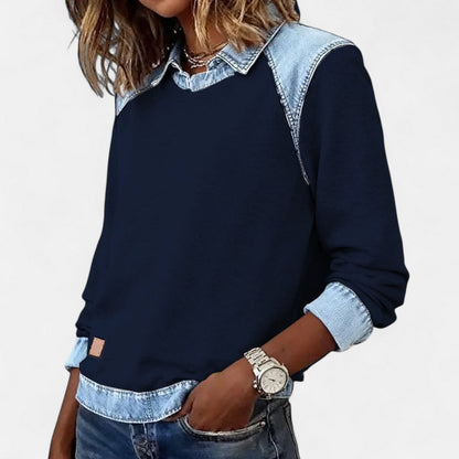 Fleece Sweatshirt with Denim Collar, Layered Look Jumper 10