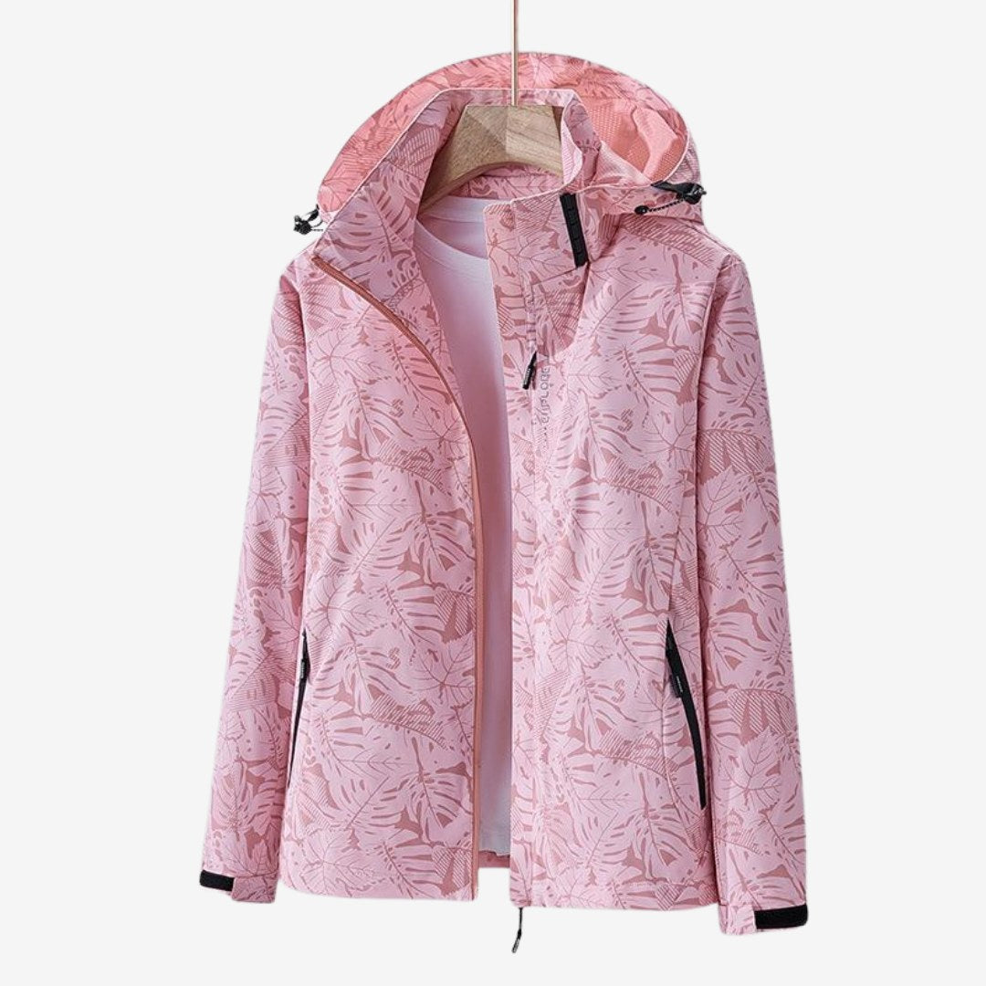 Leaf Print Hooded Rain Jacket for Women, Water-Resistant 3