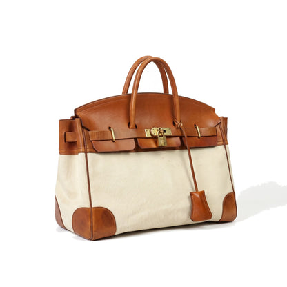 Women's Leather Trim Canvas Weekend Bag with Top Handles 1