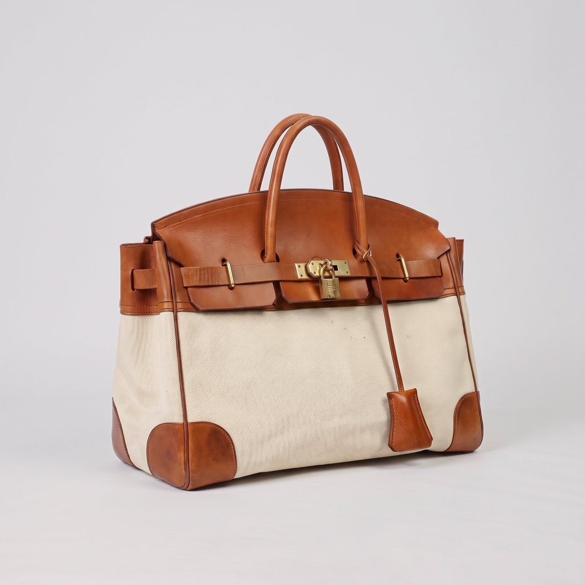 Leather Trim Canvas Weekend Bag with Top Handles