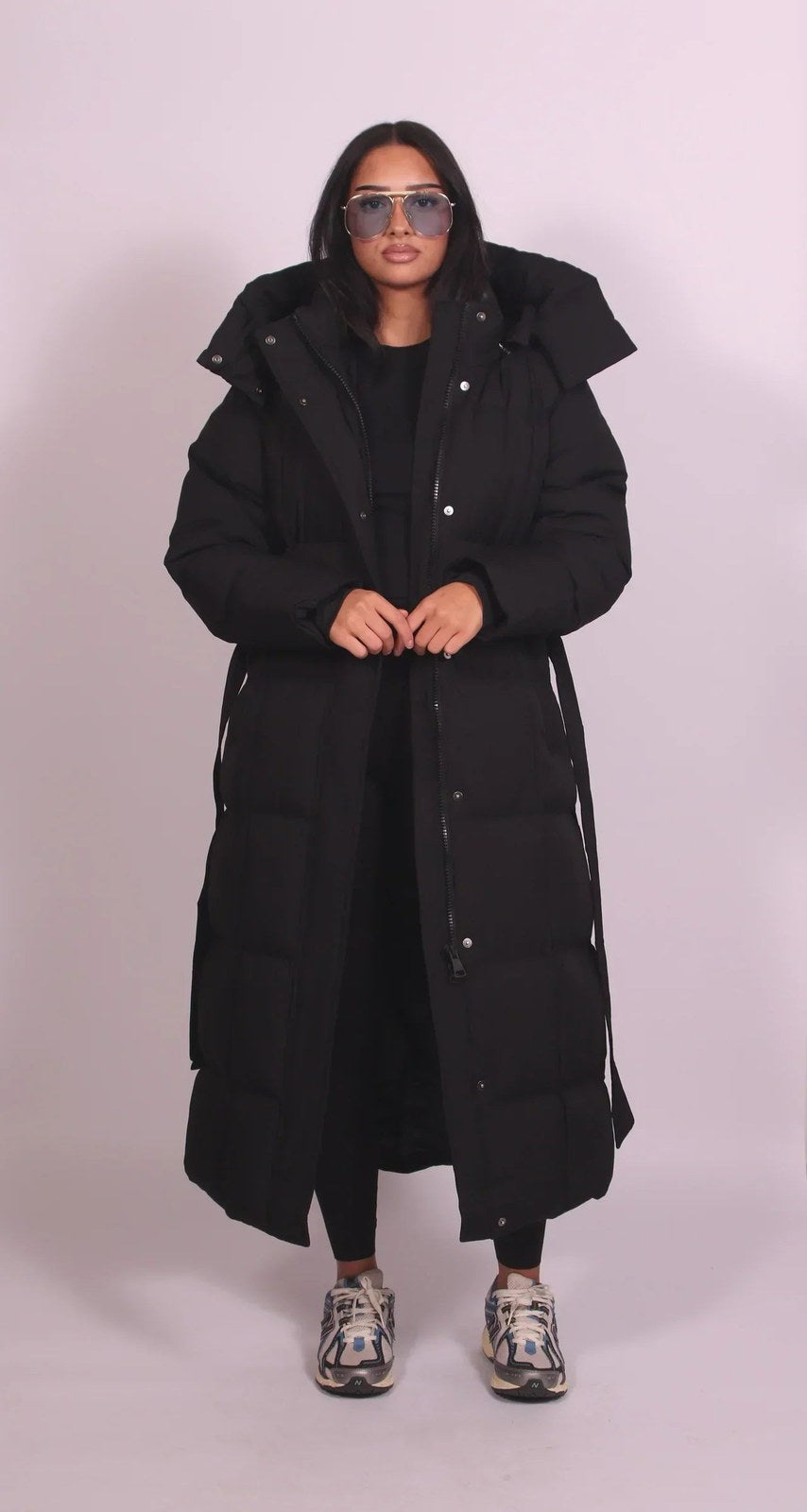 Women's Long Belted Puffer Coat with Hood and High Collar 3