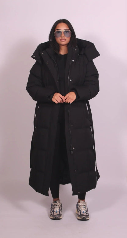 Women's Long Belted Puffer Coat with Hood and High Collar 3