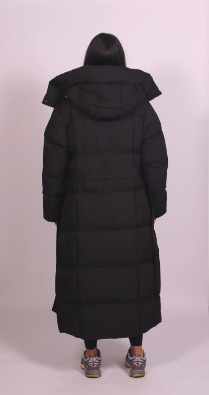 Women's Long Belted Puffer Coat with Hood and High Collar 4