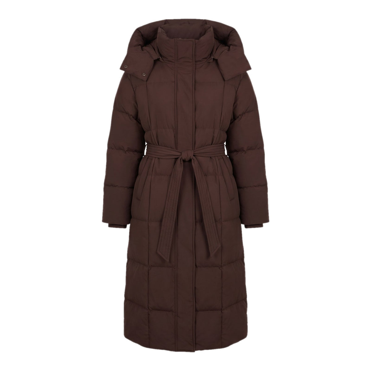 Women's Long Belted Puffer Coat with Hood and High Collar 1