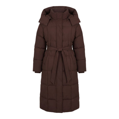 Women's Long Belted Puffer Coat with Hood and High Collar 1