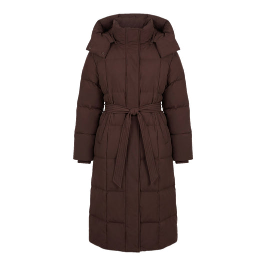 Women's Long Belted Puffer Coat with Hood and High Collar 1