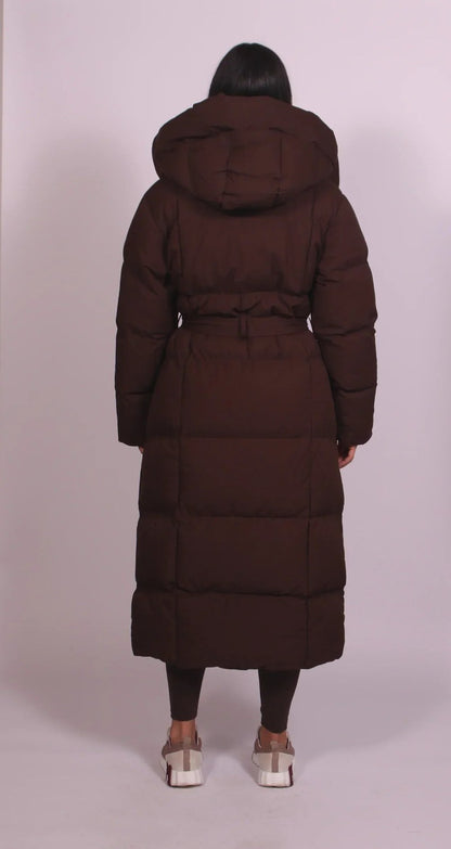 Women's Long Belted Puffer Coat with Hood and High Collar 2