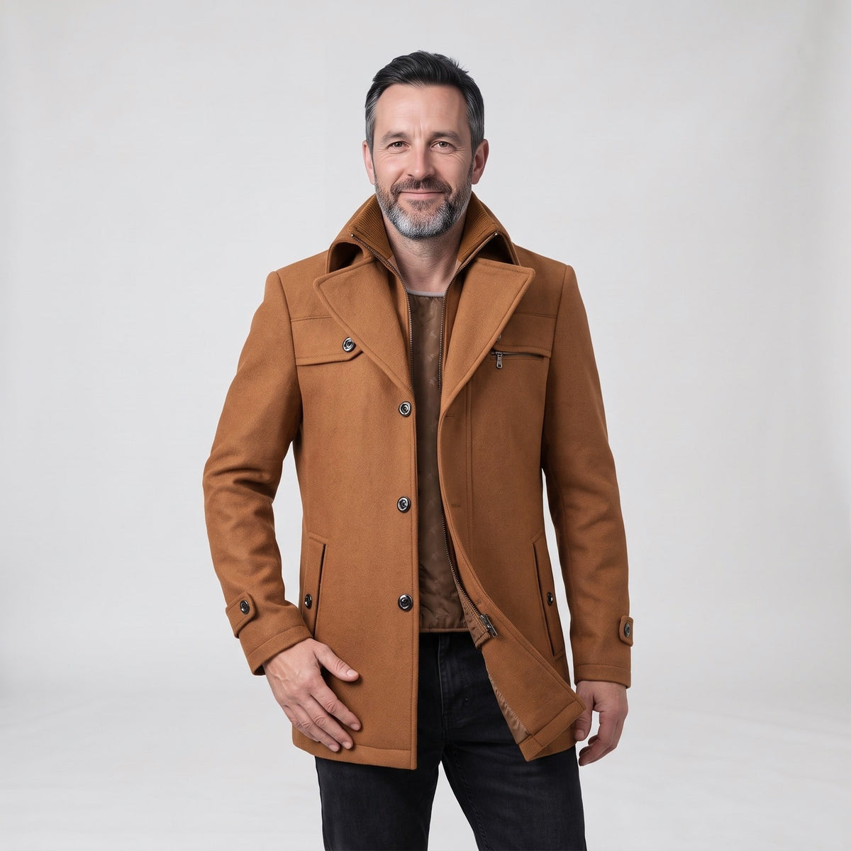 Man wearing a camel mid-length pea coat with notch lapel and ribbed collar insert