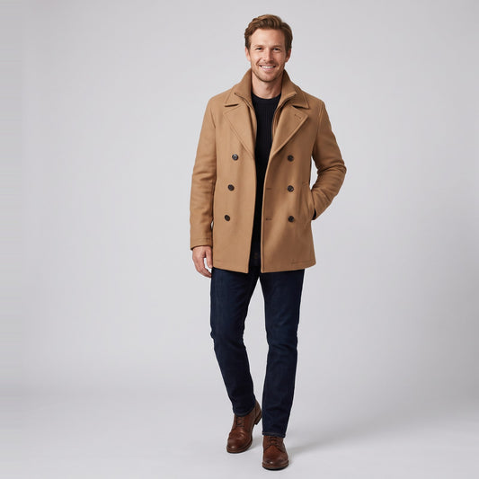 Man wearing a camel mid-length pea coat with notch lapel