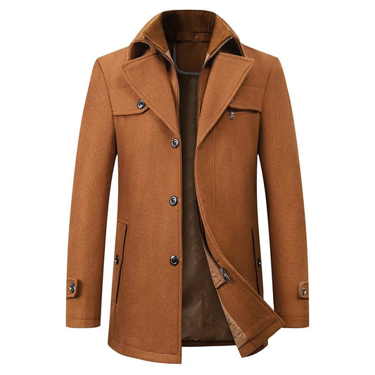 Men's mid-length pea coat in camel with notch lapel and ribbed collar insert