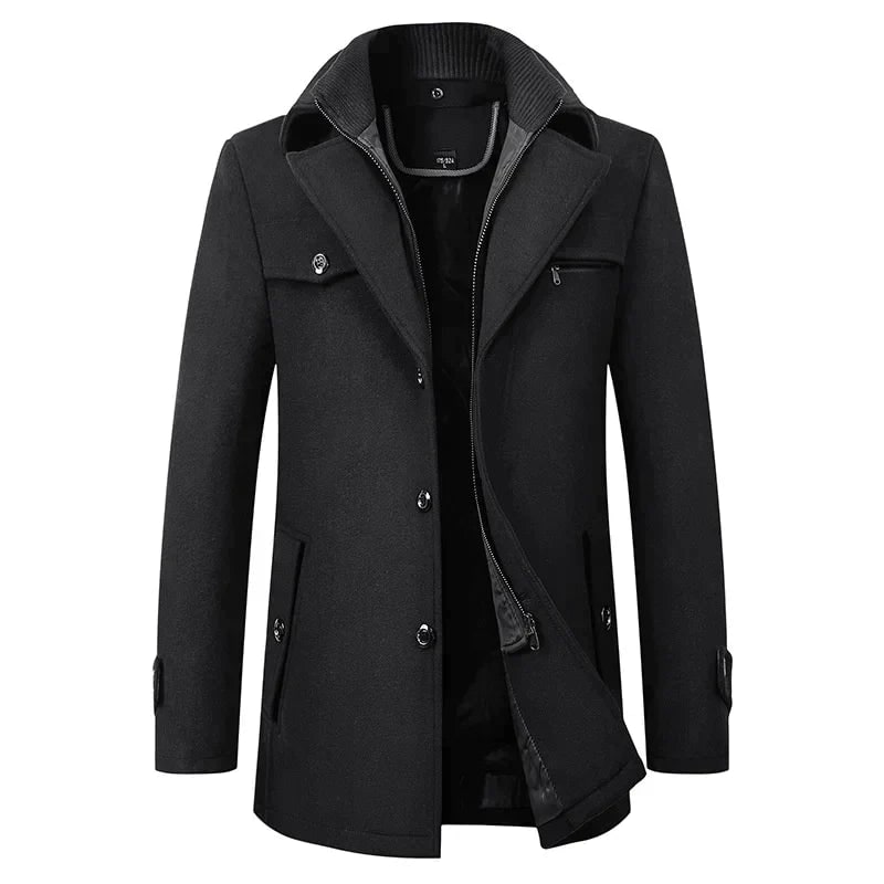 Men's mid-length pea coat in black with flap pockets