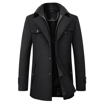 Men's mid-length pea coat in black with flap pockets