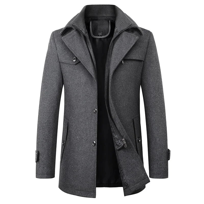 Men's mid-length pea coat in grey with button front