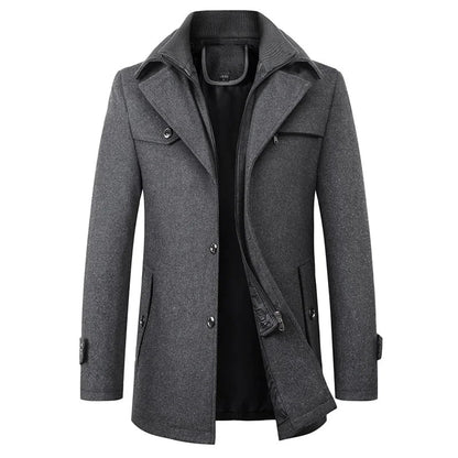 Men's mid-length pea coat in grey with button front