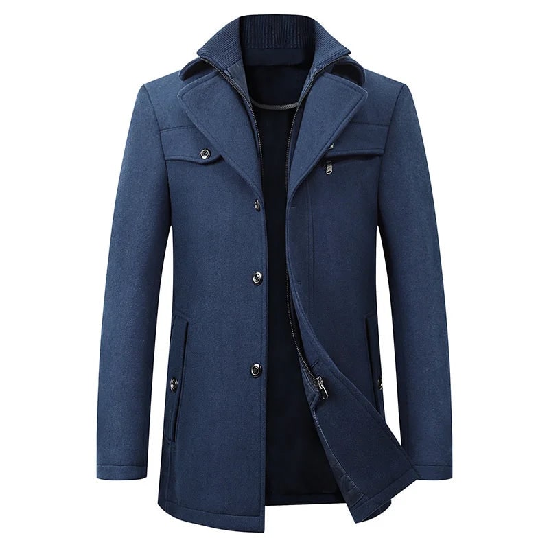 Men's mid-length pea coat in blue with ribbed collar insert
