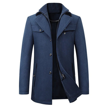 Men's mid-length pea coat in blue with ribbed collar insert