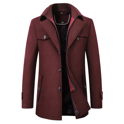 Men's mid-length pea coat in burgundy with notch lapel