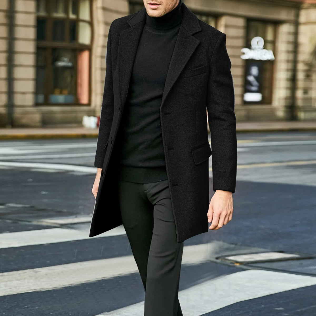 Men's long single-breasted overcoat in black with notch lapel