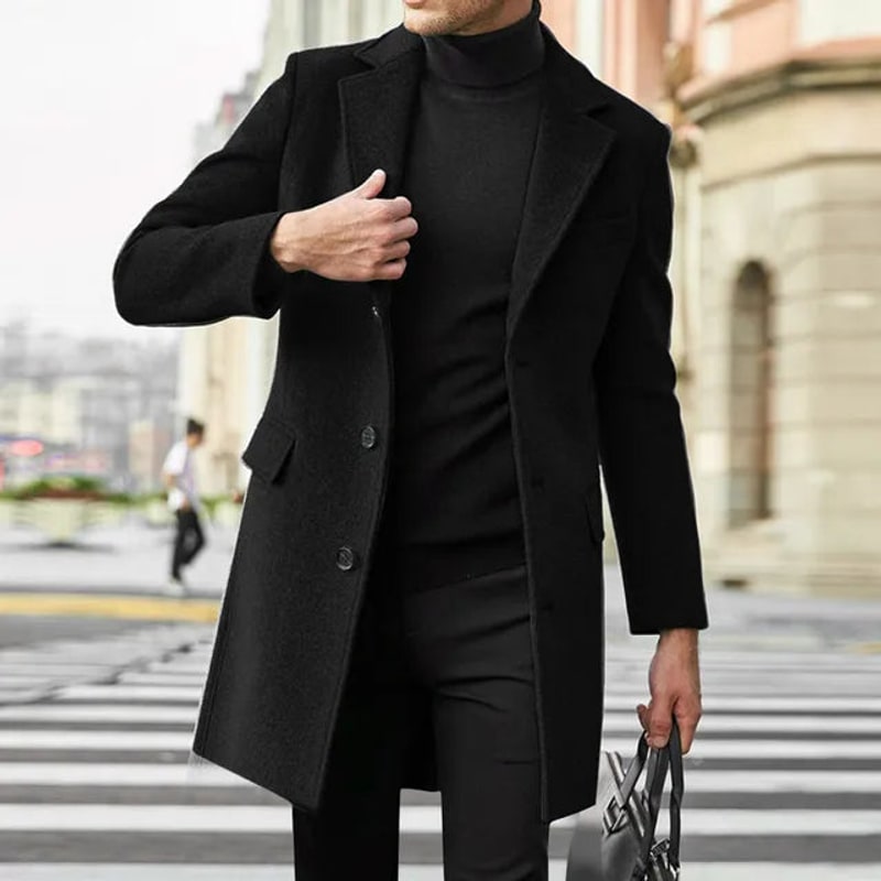 Men's long single-breasted overcoat in black with flap pockets