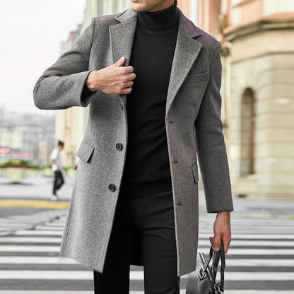 Men's long single-breasted overcoat in grey with button front