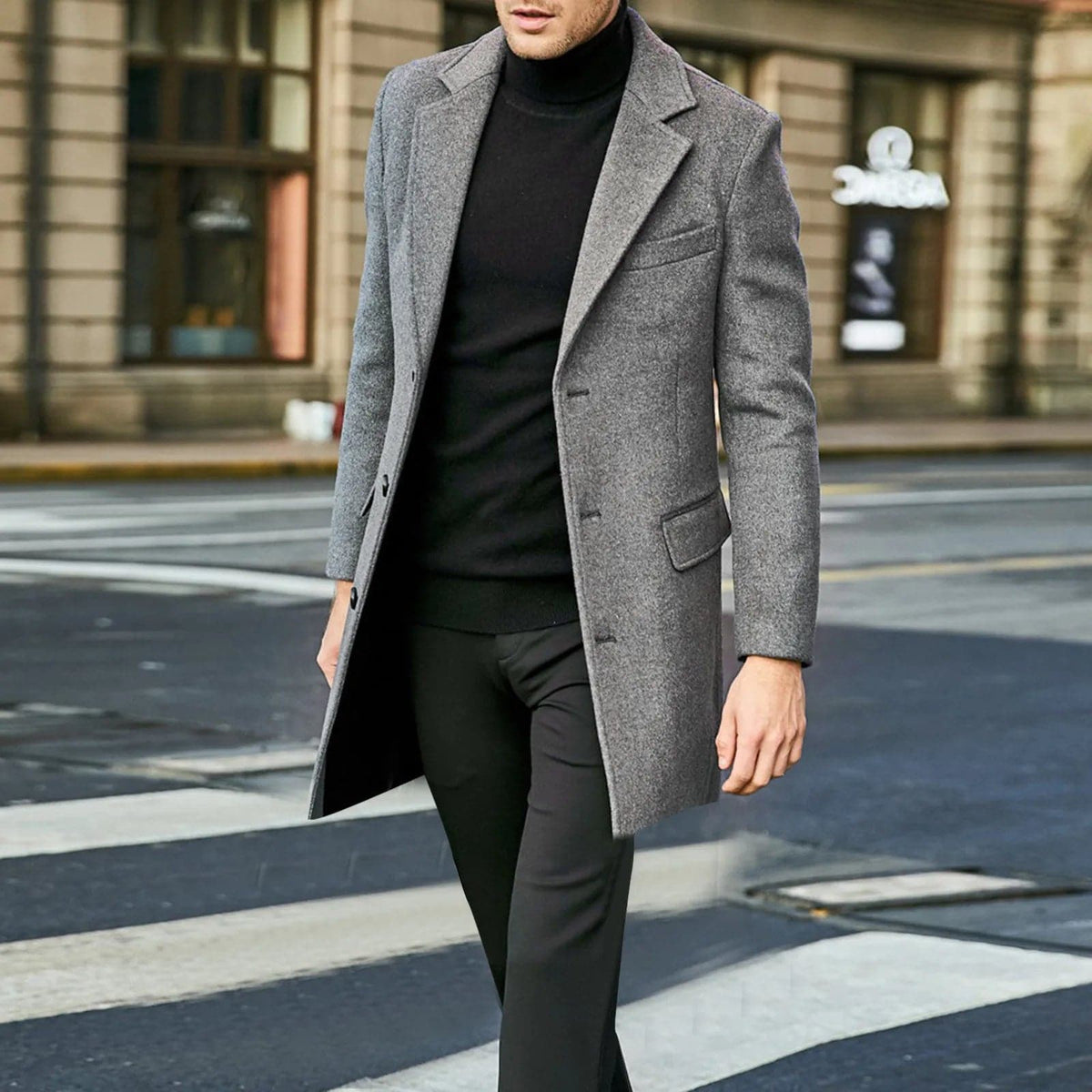 Men's long single-breasted overcoat in grey with notch lapel