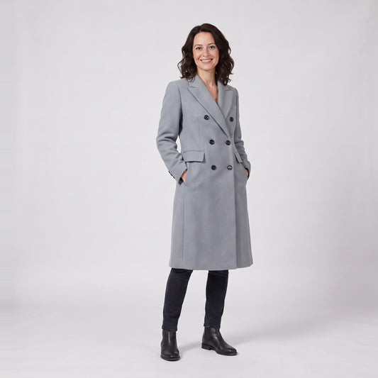 Woman wearing the long double breasted wool winter coat with notch lapels