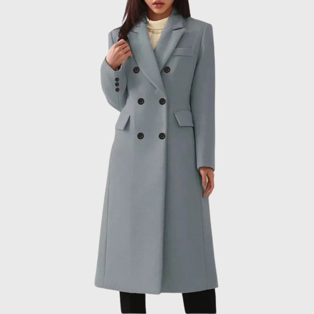 Long double breasted wool winter coat in grey