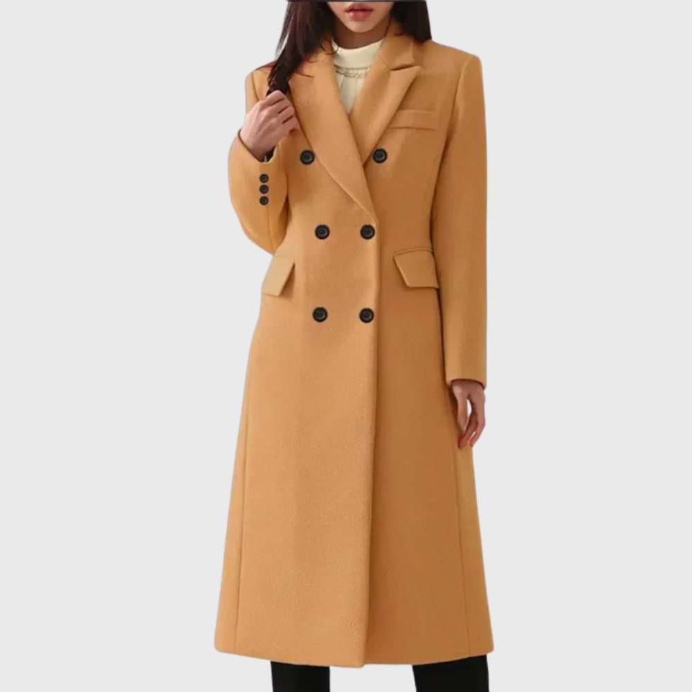 Long double breasted wool winter coat in camel
