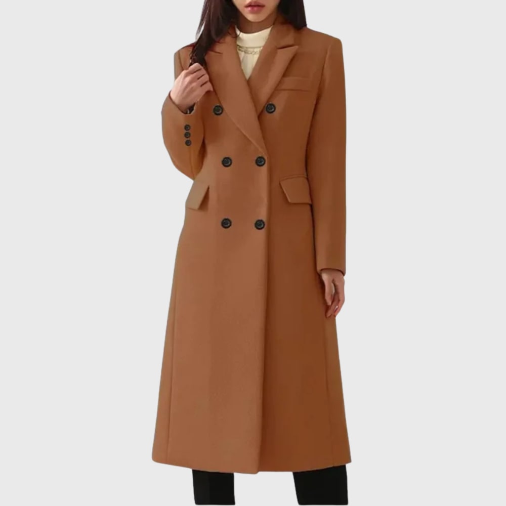 Long double breasted wool winter coat in brown