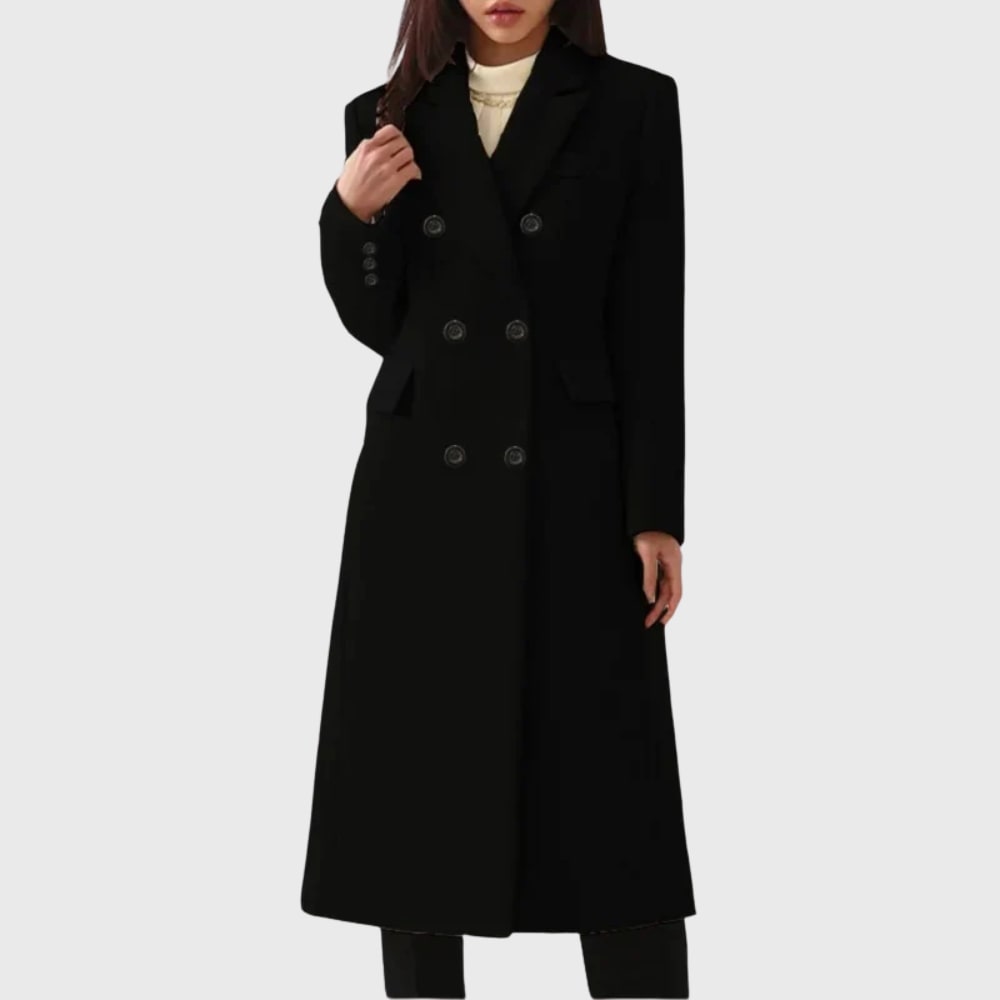 Long double breasted wool winter coat in black