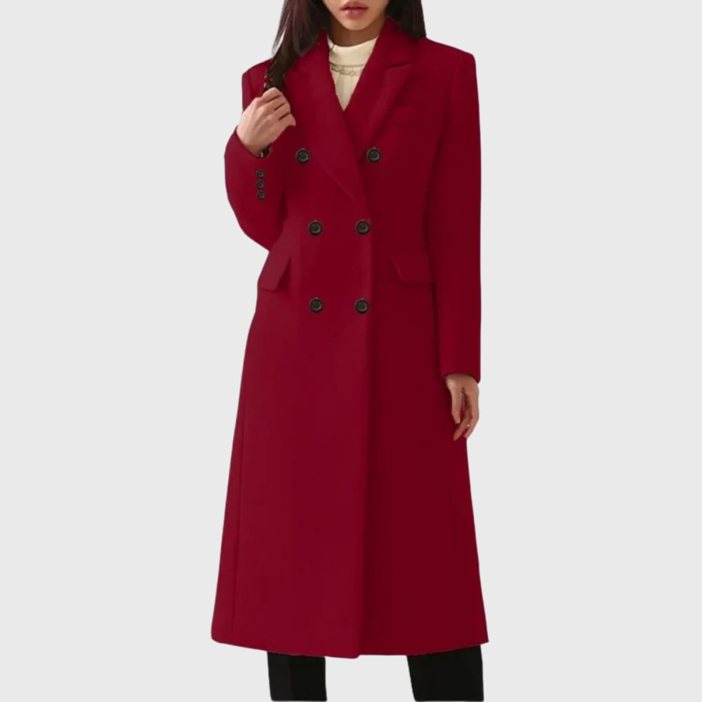 Long double breasted wool winter coat in burgundy