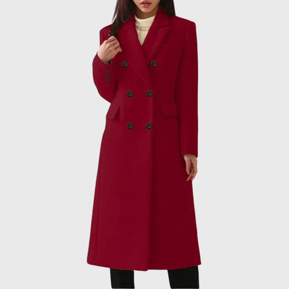 Long double breasted wool winter coat in burgundy