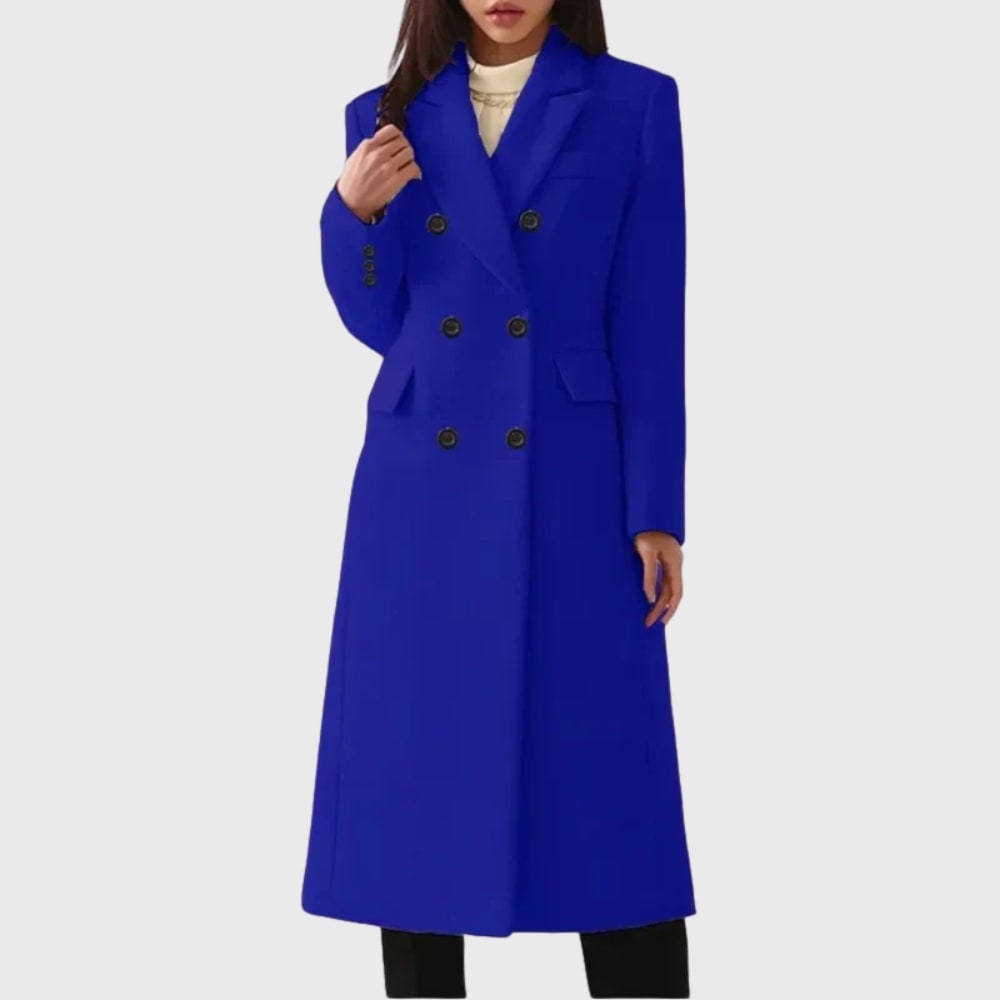 Long double breasted wool winter coat in blue