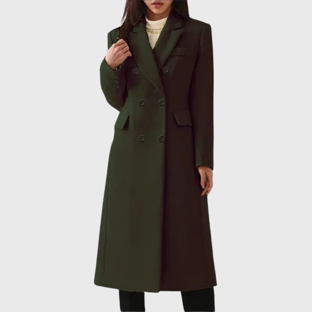 Long double breasted wool winter coat in dark green