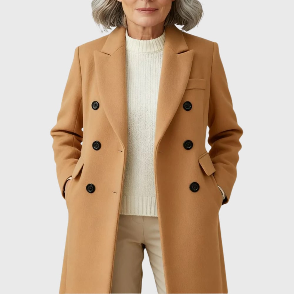 Double breasted wool coat in camel, close view of the lapels and buttons