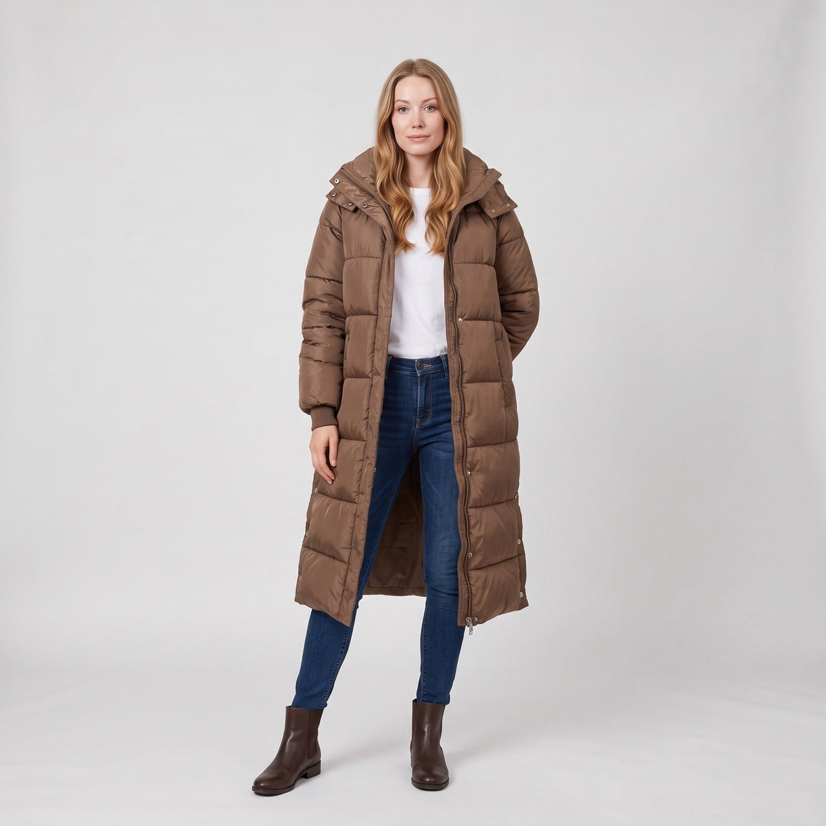 Puffer Jacket Long, Quilted Winter Jacket with Two-Way Zip 1