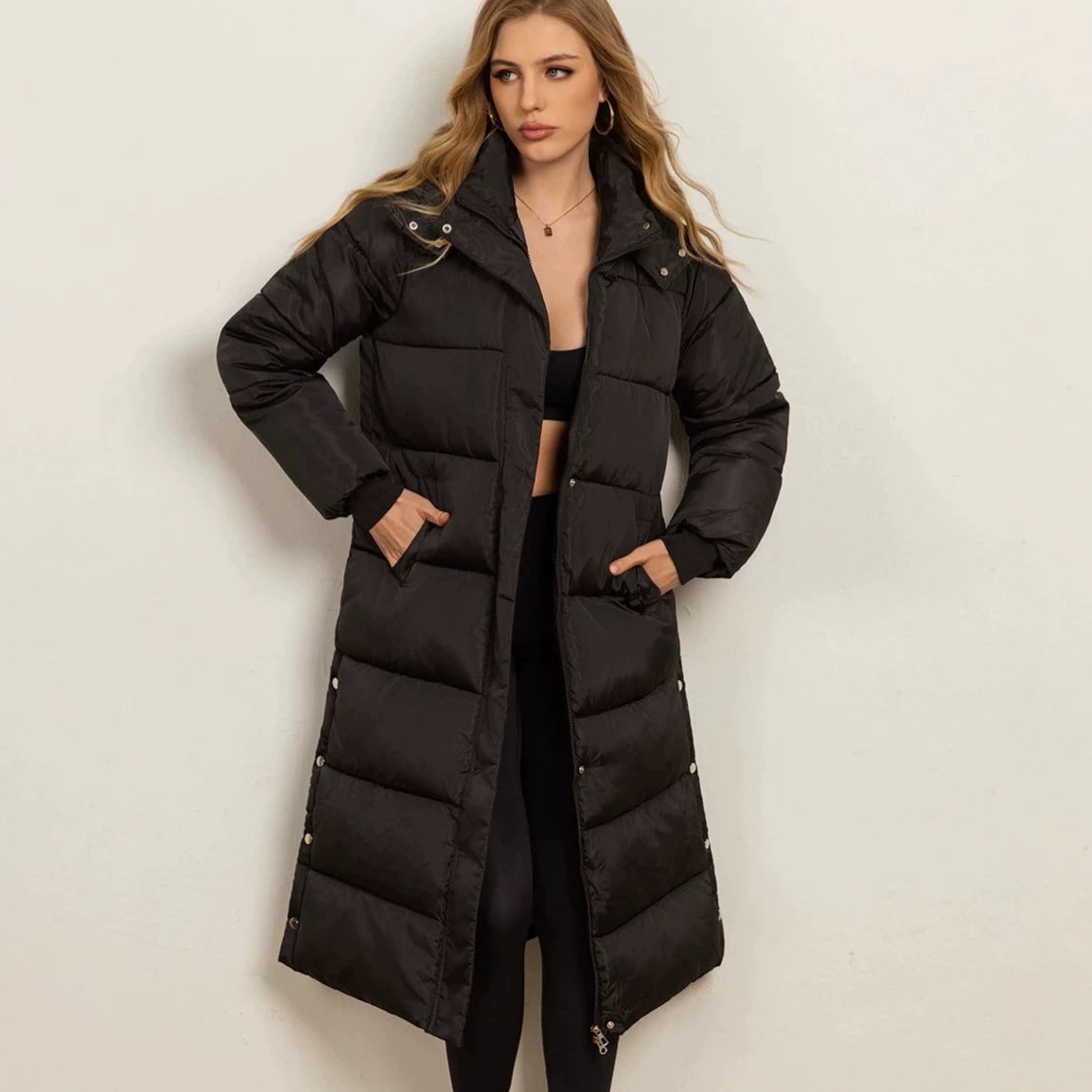 Puffer Jacket Long, Quilted Winter Jacket with Two-Way Zip 2