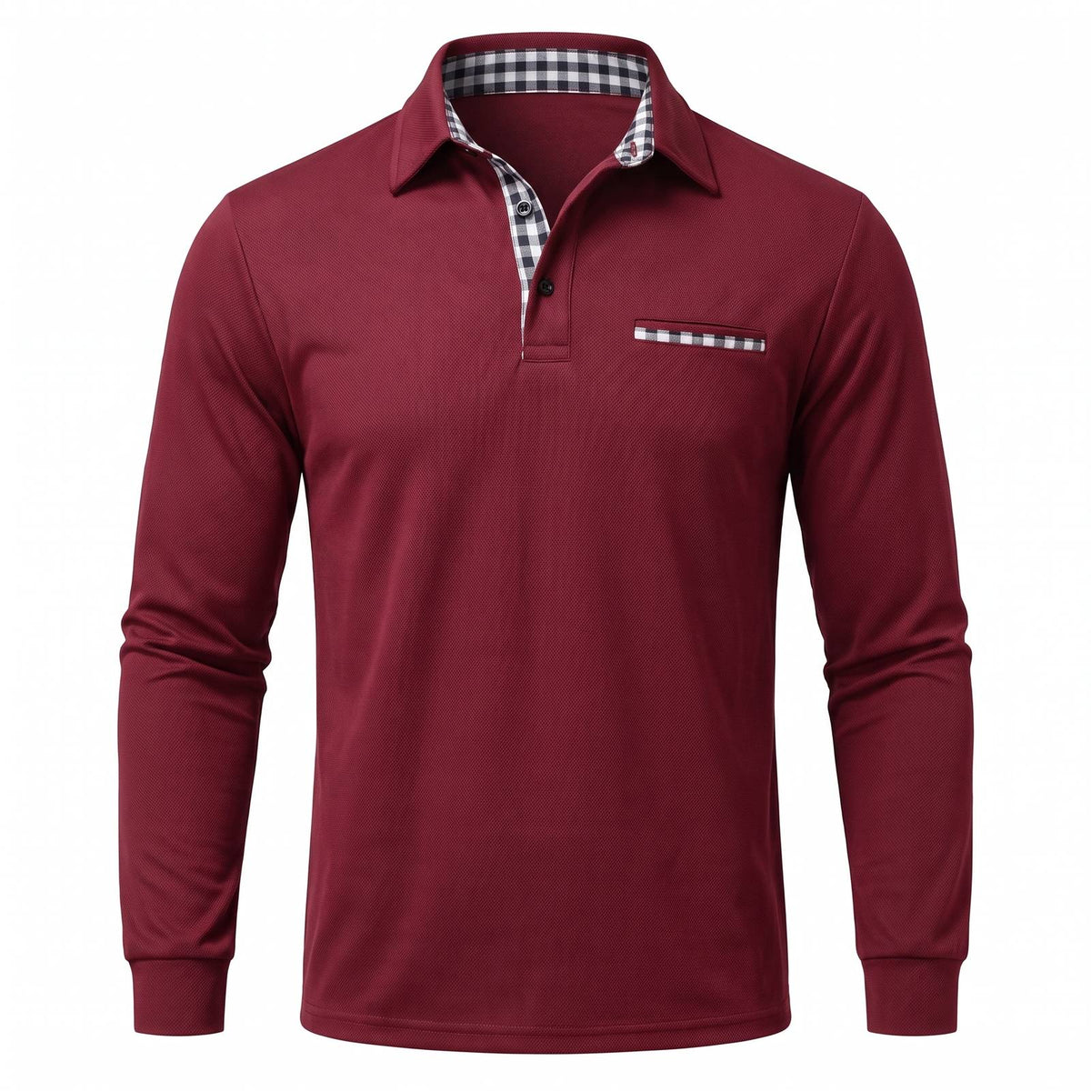 Men's Long Sleeve Polo Shirt with Check Contrast Collar 1