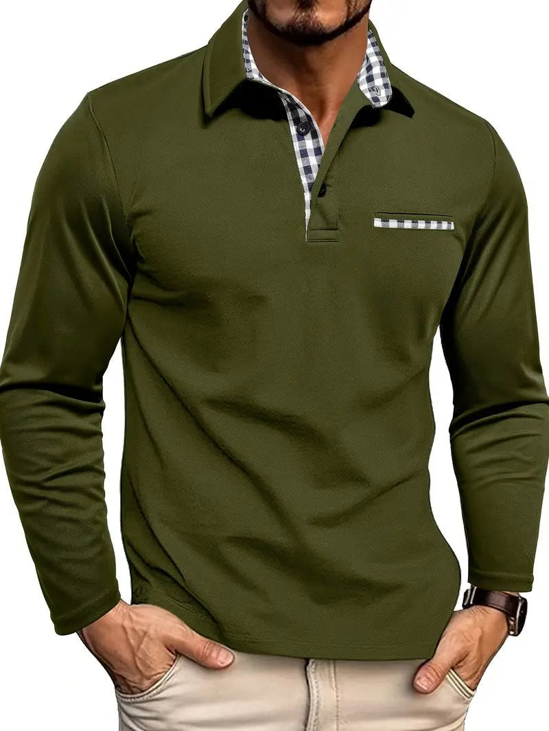 Men's Long Sleeve Polo Shirt with Check Contrast Collar 3