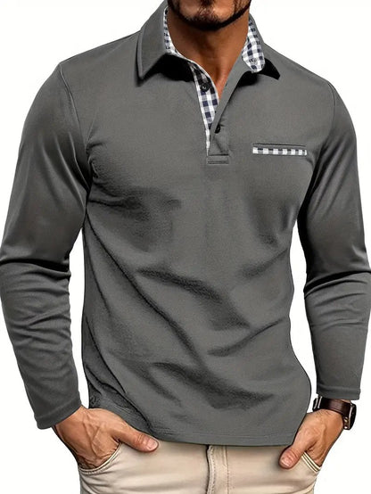 Men's Long Sleeve Polo Shirt with Check Contrast Collar 2