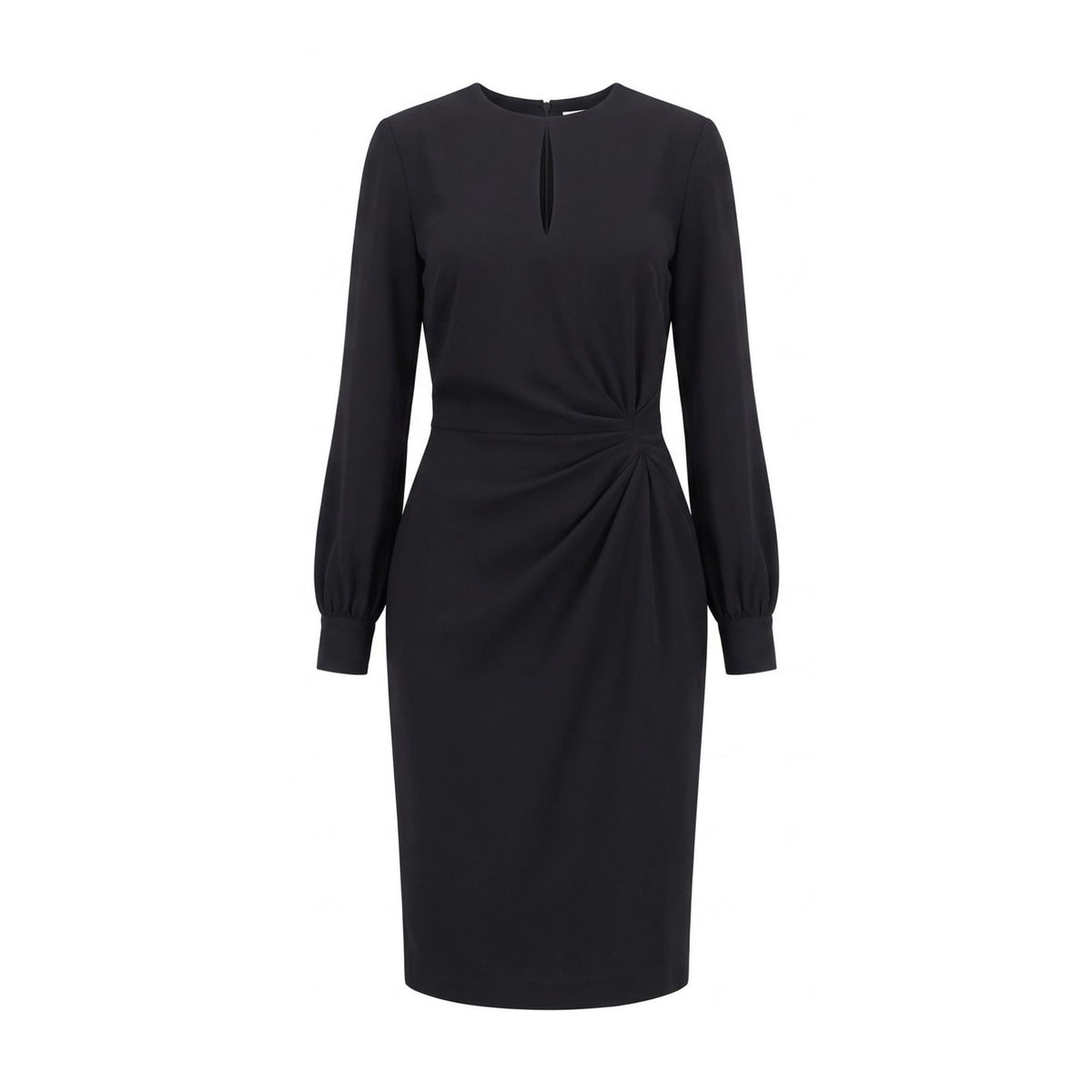 Black long sleeve winter midi dress with keyhole neckline and soft waist draping