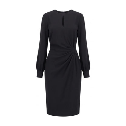 Black long sleeve winter midi dress with keyhole neckline and soft waist draping