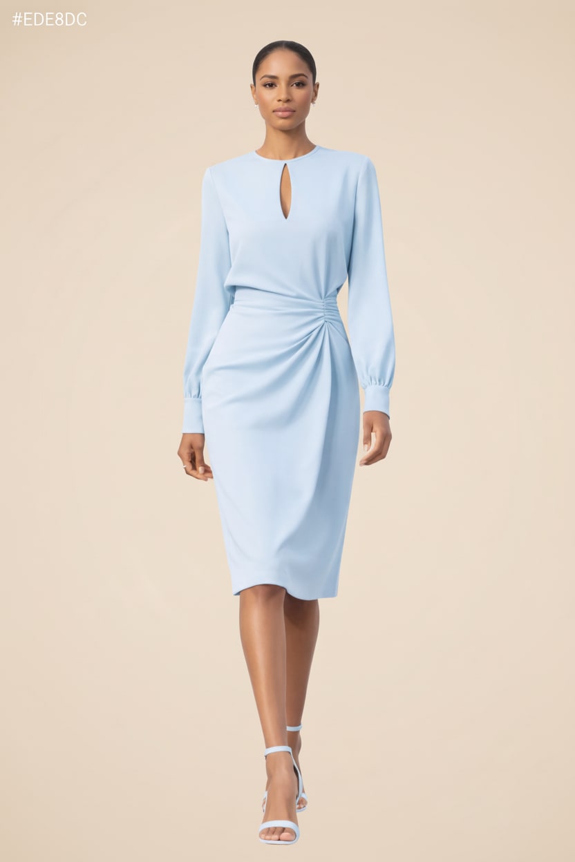 Model wearing the sky blue long sleeve midi dress with keyhole neckline and draped waist, front view