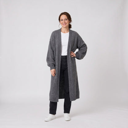 Dark grey open front fluffy knit longline cardigan with ribbed cuffs