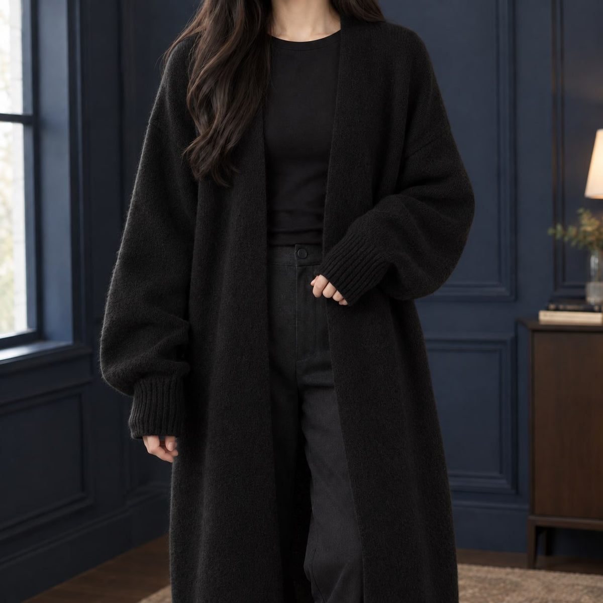 Black open front longline cardigan