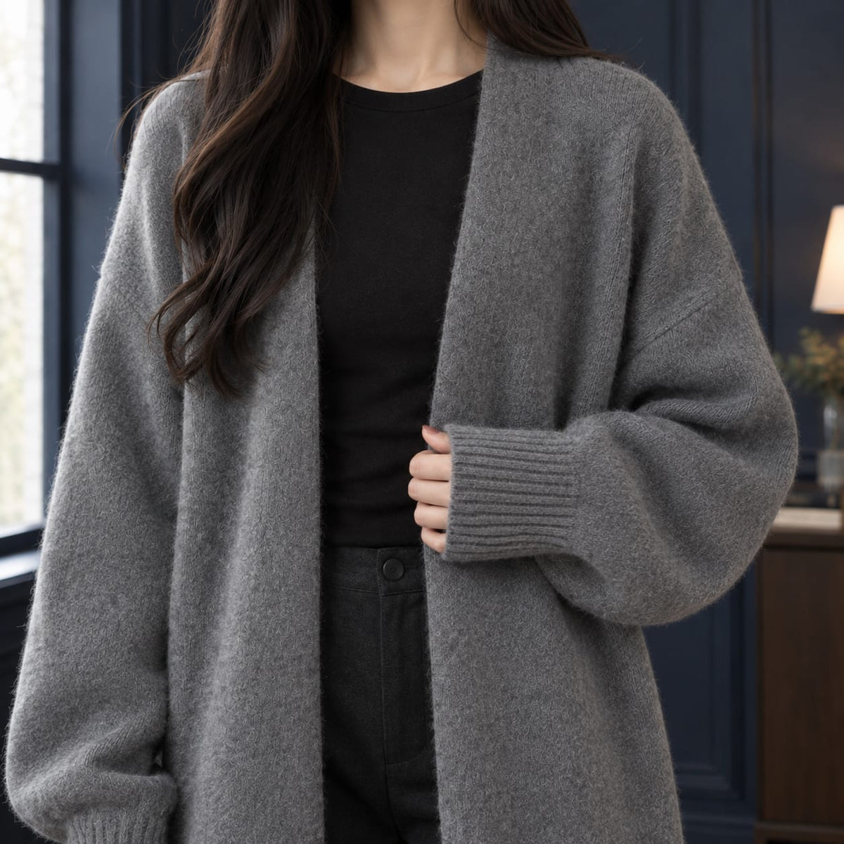 Grey longline cardigan, close up of the fluffy knit and ribbed cuff