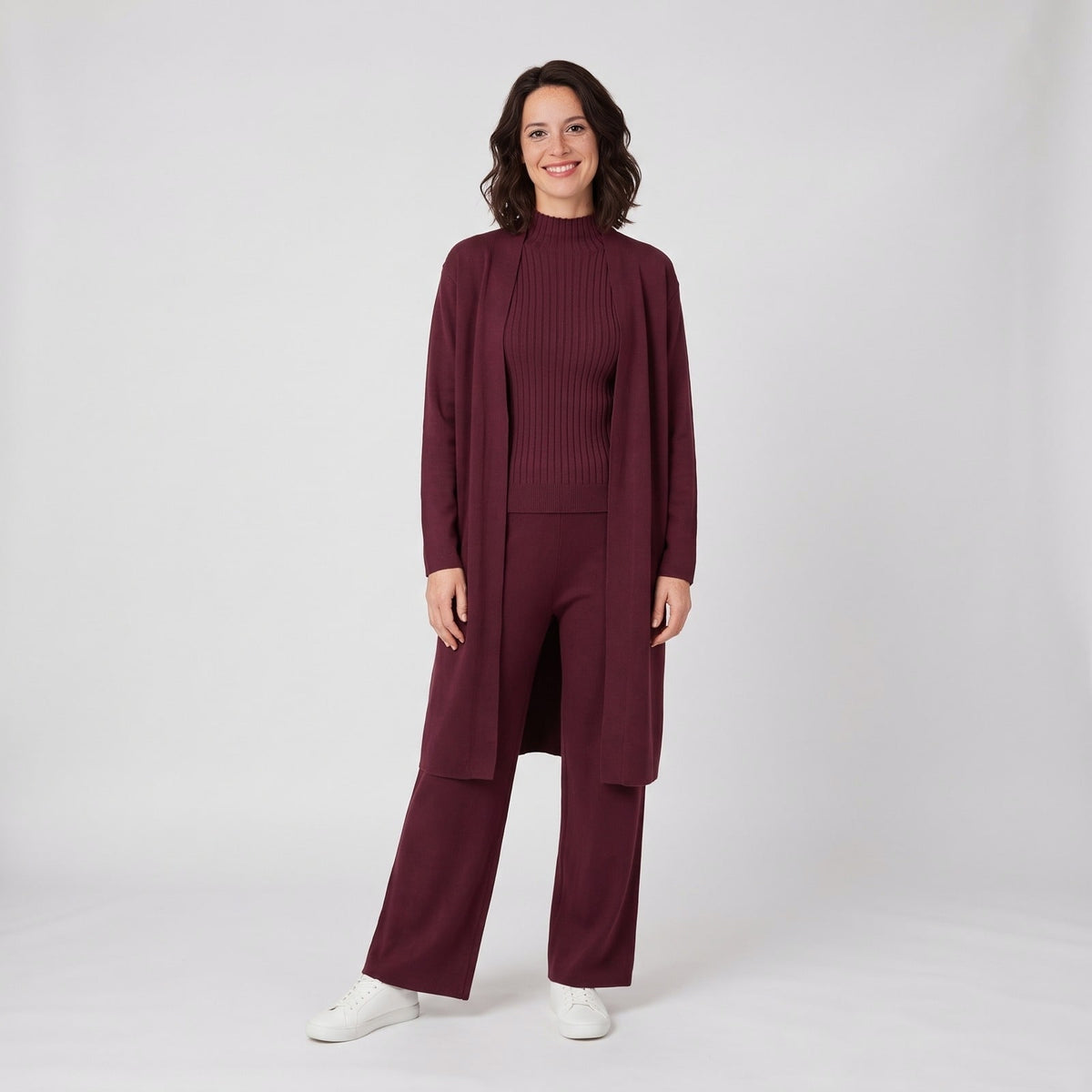 Lounge Set Damen, Knitted Three Piece Set with Long Cardigan, Ribbed Top and Wide Leg Trousers