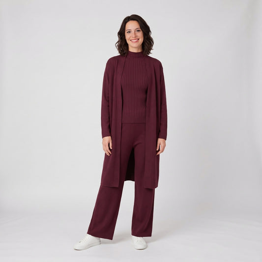 Lounge Set Damen, Knitted Three Piece Set with Long Cardigan, Ribbed Top and Wide Leg Trousers