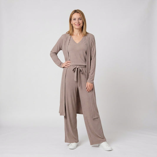 Lounge Set Damen Three Piece with Longline Robe and Trousers 1
